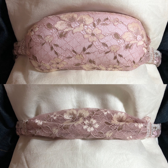 帯枕も使える帯揚げ付き三重紐　チュールレースが美しい　灰ピンクと桜柄 8枚目の画像
