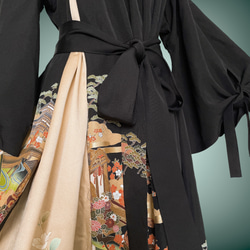 逸品 黒留袖の風格 差し色ギャザーワンピース スリット袖 リボン フォーマル 結婚式 着物リメイク黒 Ｎ6302 12枚目の画像