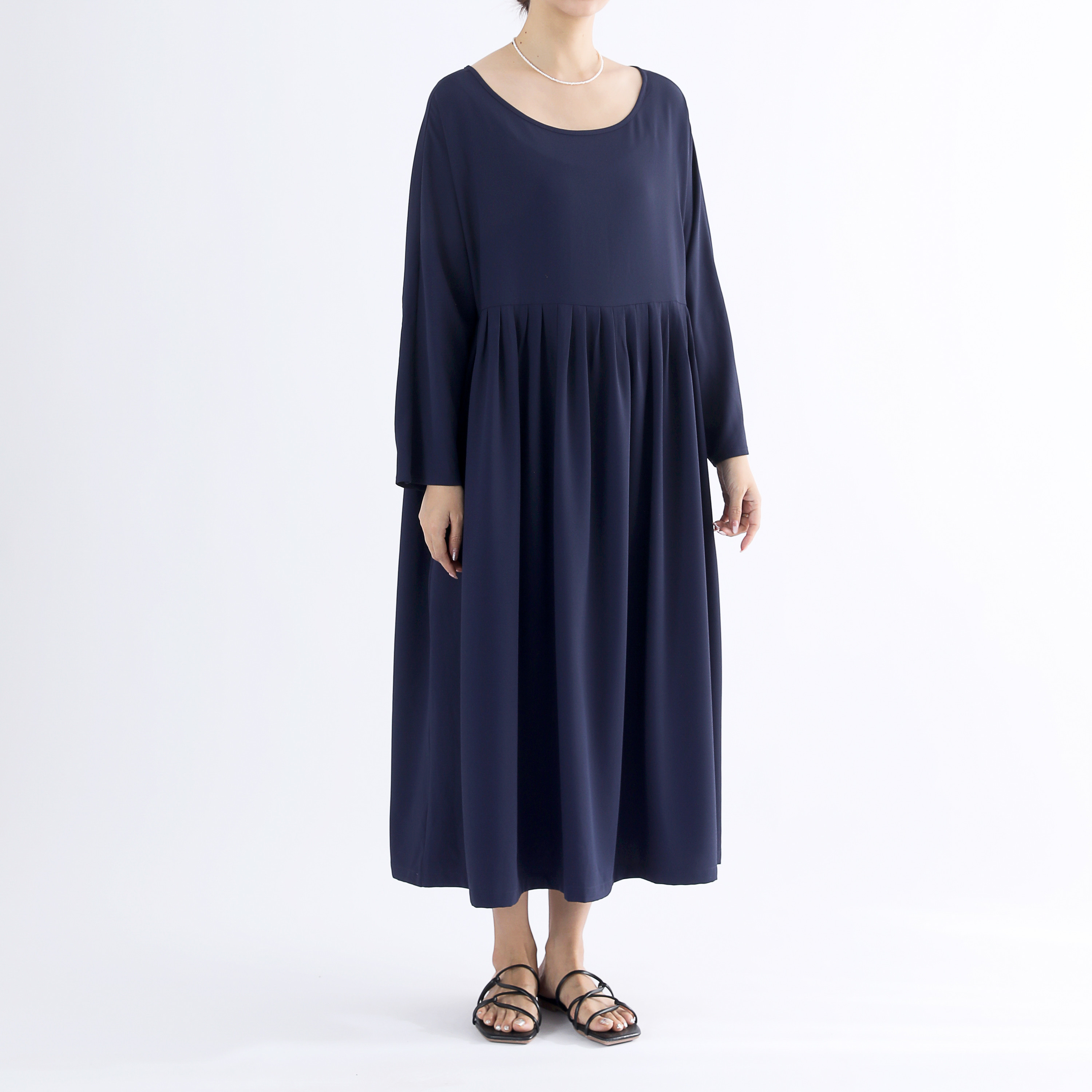 フォーマル　ゆったり　タックロングワンピース・ネイビー・サイズオーダーok
