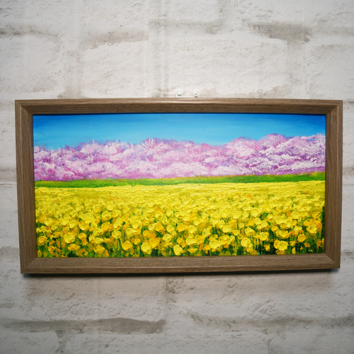 油絵 油彩 油彩画 絵 絵画 長方形ミニ絵画【菜の花と桜】 絵画