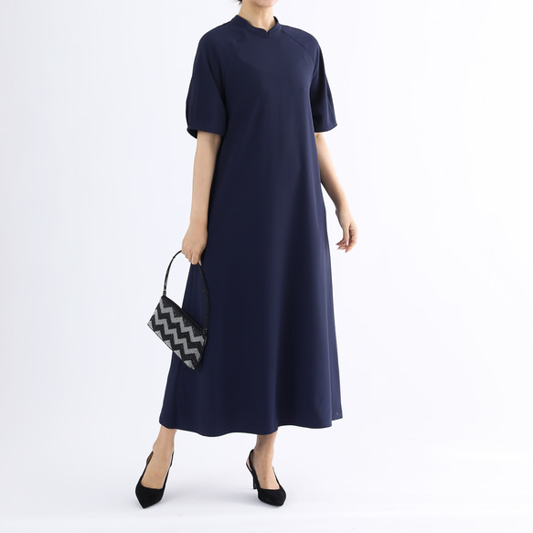 フォーマル 淡水パールボタン ロングワンピース・ネイビー