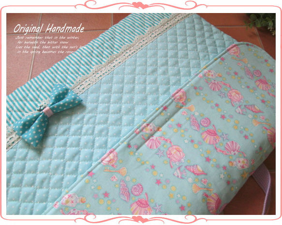 ◆シェルパール＊ボーダー＊貝殻＊pastel mint blue◆防災頭巾カバー＊背もたれ 2枚目の画像