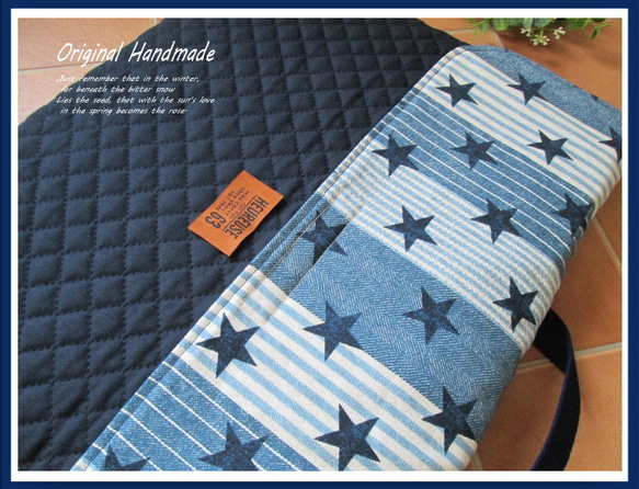 ◆スター＊星柄＊ストライプ×デニムパッチ柄タグ風＊Navy◆防災頭巾カバー＊背もたれ 2枚目の画像