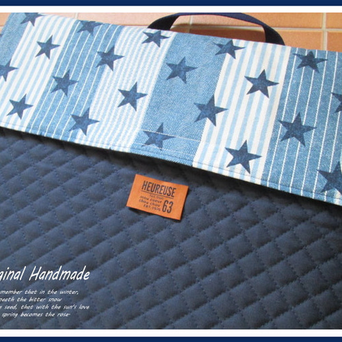 ◇スター＊星柄＊ストライプ×デニムパッチ柄タグ風＊Navy◇防災