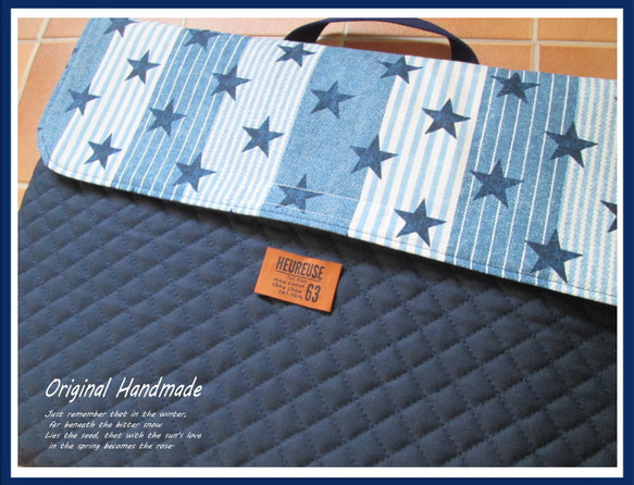 ◆スター＊星柄＊ストライプ×デニムパッチ柄タグ風＊Navy◆防災頭巾カバー＊背もたれ 3枚目の画像