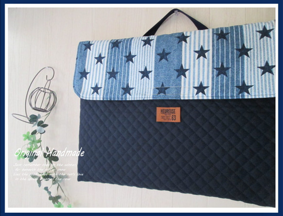 ◆スター＊星柄＊ストライプ×デニムパッチ柄タグ風＊Navy◆防災頭巾カバー＊背もたれ 1枚目の画像