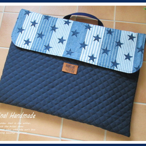 ◇スター＊星柄＊ストライプ×デニムパッチ柄タグ風＊Navy◇防災