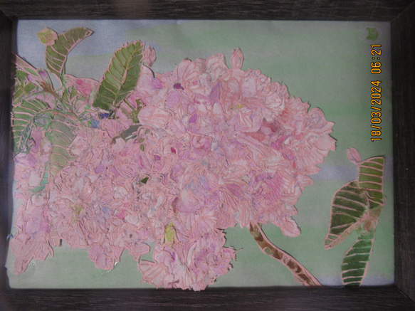 絵画 春 桜 切り絵 京都 八重桜 花の絵 sakura 美術品 原画 立体 ぼんぼり桜 (八重桜） 春 ピンク 桜 和紙 切絵 切り絵 hakumiru 通販