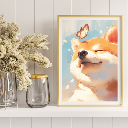 蝶犬戯舞 - 柴犬・豆柴犬の子犬 No.1】春・蝶・子犬・アートポスター