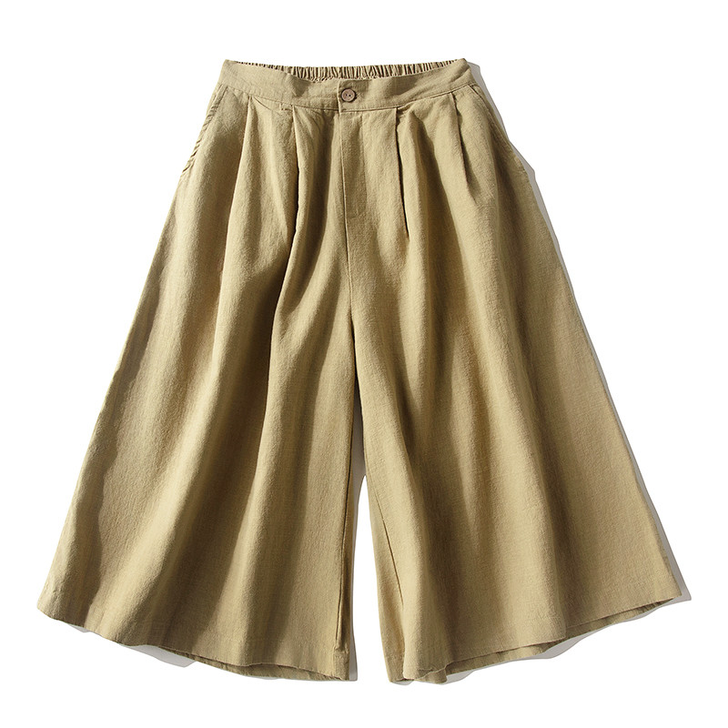 8分丈綿麻パンツ　水洗い綿麻ワイドパンツ　ゴムウエスト　3色　L335