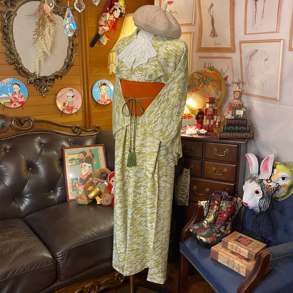 着物 洗え 化繊 ワンピース ドレス ハンドメイド リメイク 帯サッシュベルト  KW-323 5枚目の画像