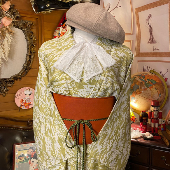 着物 洗え 化繊 ワンピース ドレス ハンドメイド リメイク 帯サッシュベルト  KW-323 2枚目の画像