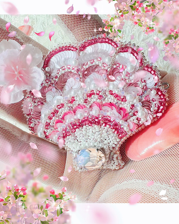 【シェルホワイトピンク】conque de Venusヴィーナスの貝オートクチュール刺繍ブローチ兼ヘアピン 11枚目の画像