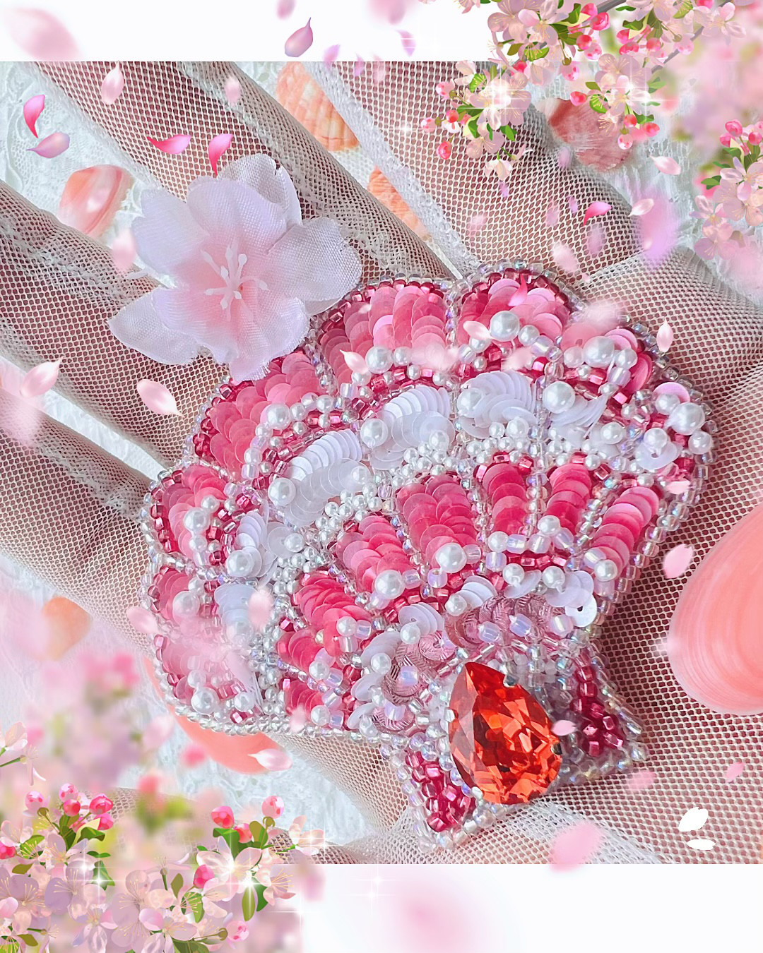 【パパラチアピンク】conque de Venusヴィーナスの貝オートクチュール刺繍ブローチ兼ヘアピン