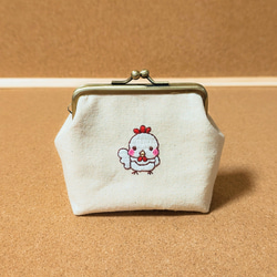 マチ付きがま口　〜にわとりさん刺繍〜　(消しゴムはんこ柄)　※受注生産 1枚目の画像