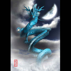 手描きイラスト＊オリジナル【青龍】 龍の絵「三日月と青龍2」自作A4 竜の絵 イラスト breeze 通販