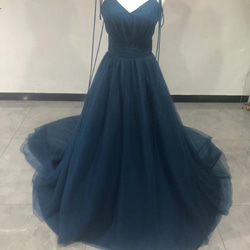 キャミソール ブルー カラードレス ソフトチュール Vネック 背中見せ  