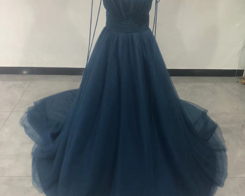 キャミソール ブルー カラードレス ソフトチュール Vネック 背中見せ  