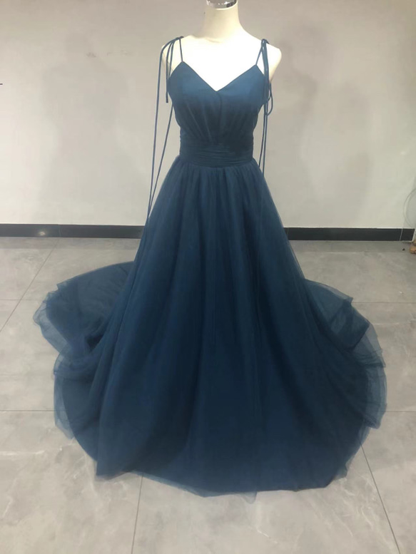 キャミソール ブルー カラードレス ソフトチュール Vネック 背中見せ  