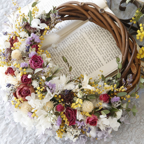 1点もの》ドライミモザ＆ローズのナチュラルリース 直径24㎝ お祝い  