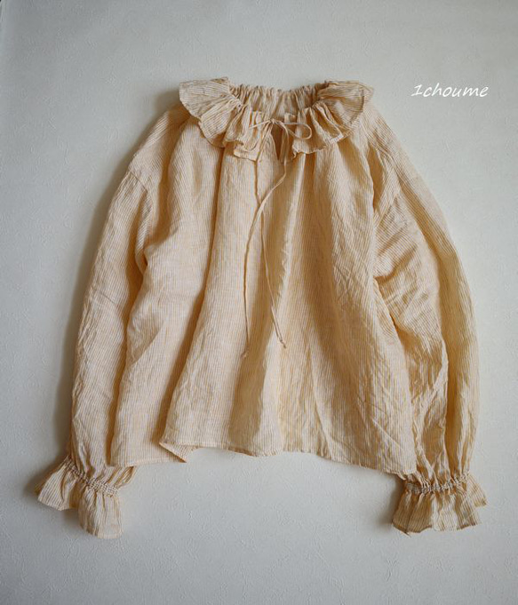 フリルカラー　ブラウス　イエローオレンジストライプ　フレンチリネン 1枚目の画像