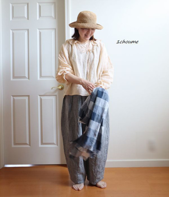 フリルカラー　ブラウス　イエローオレンジストライプ　フレンチリネン 5枚目の画像