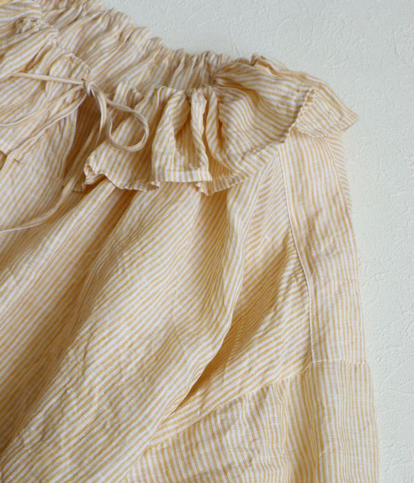 フリルカラー　ブラウス　イエローオレンジストライプ　フレンチリネン 4枚目の画像