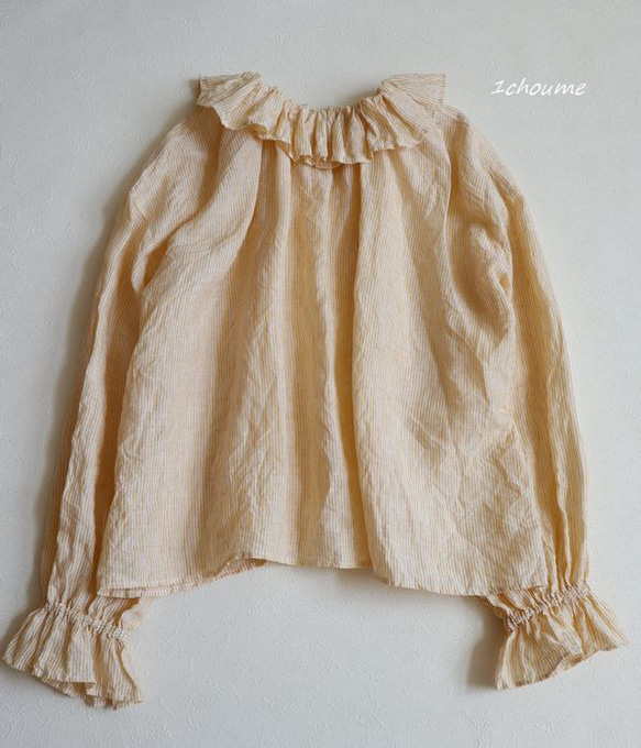 フリルカラー　ブラウス　イエローオレンジストライプ　フレンチリネン 2枚目の画像