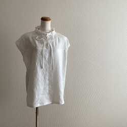 かすみ草刺繍　リネンブラウス　ドロストフリルカラー　オフホワイト（送料無料） 2枚目の画像