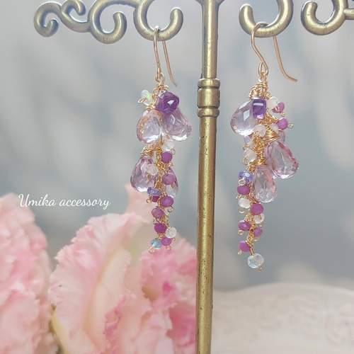 藤の花〜ピンクアメジストドロップ、フォスフォシデライトピアス14kgf  