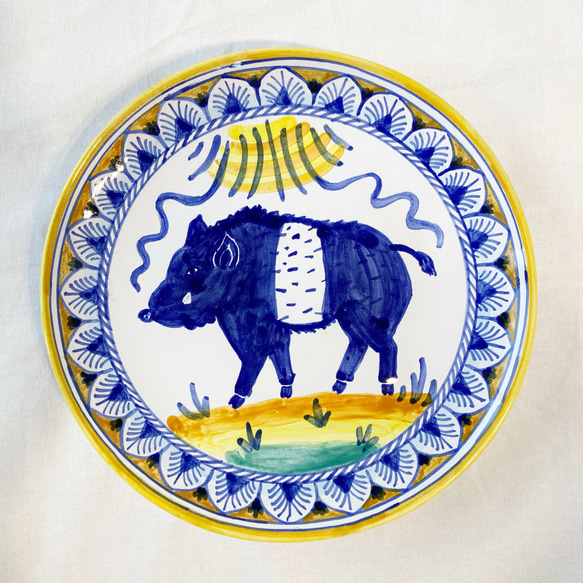 絵皿 20cm マヨリカ焼き イノシシ イタリア陶器 飾り皿 CRC036 中皿