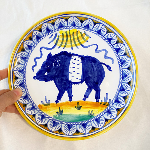 絵皿 20cm マヨリカ焼き イノシシ イタリア陶器 飾り皿 CRC036