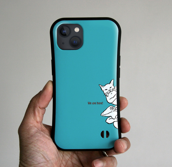 グリップiPhoneケース　猫とカエルがひょっこり（マリン） 1枚目の画像