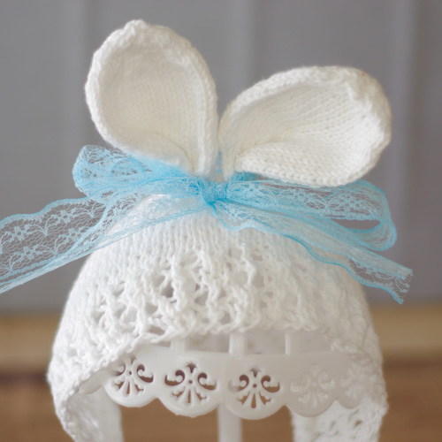 リボンカラーを選べる＊うさ耳ボンネット ホワイト Sサイズ 帽子