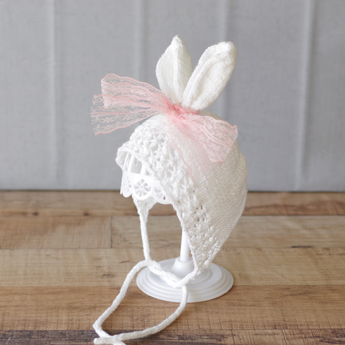 リボンカラーを選べる＊うさ耳ボンネット ホワイト Sサイズ 帽子