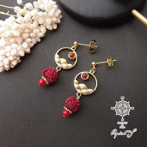 波模様 と 水引 の ピアス / 和風 レッドアゲート めのう 耳飾り