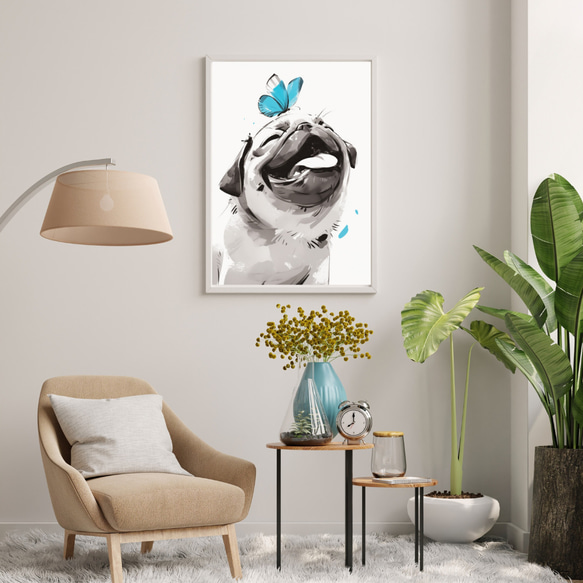 【蝶犬戯舞 - パグ犬の子犬 No.5】春・蝶・子犬・アートポスター・犬の絵・犬の絵画・犬のイラスト 7枚目の画像