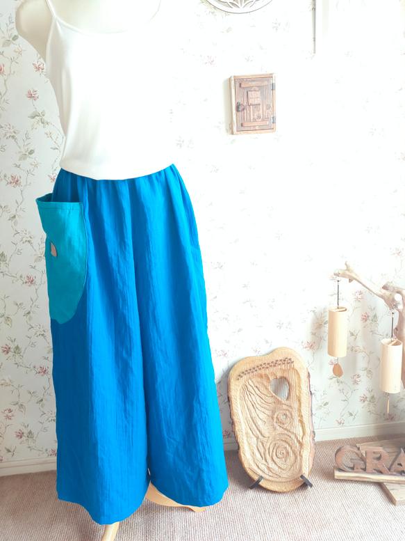 はら◯◯様専用NEW HAKAMA WIDE PANTS～blue×turquoise～ヨガパンツに変更可 2枚目の画像