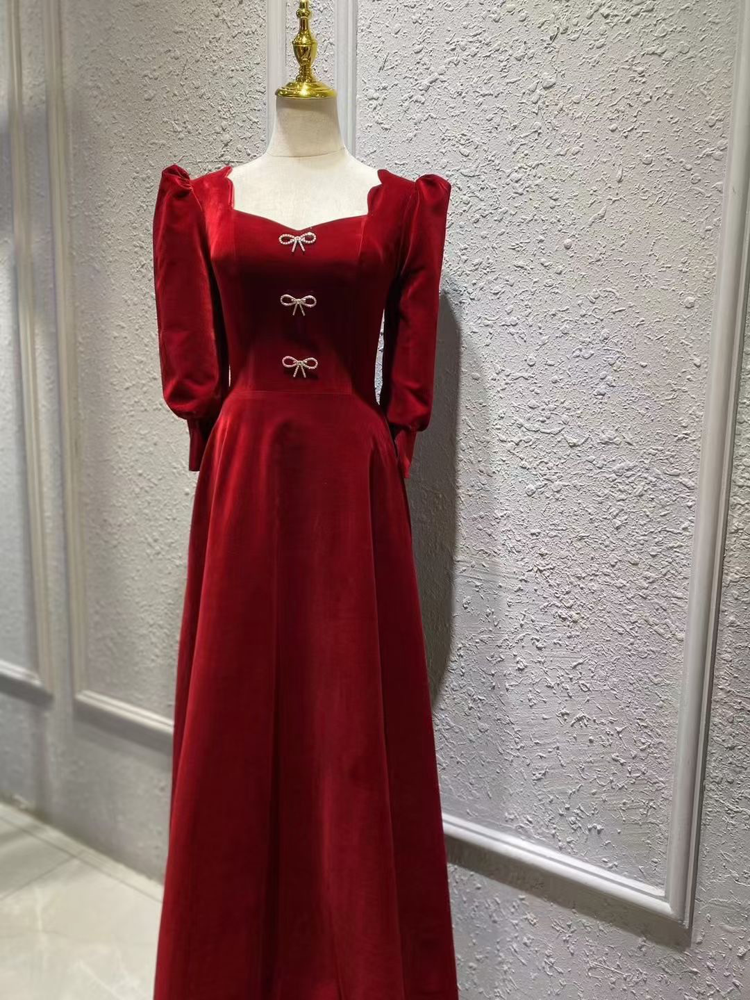 高級感！リボン飾り　スクエアネック　長袖　細見えシルエット　Aラインお色直卒業式/成人式/音楽会/演奏会/合コン/デート