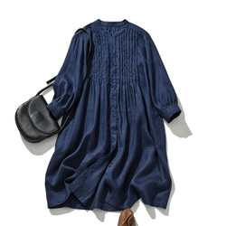 100% 亞麻襯衫裙，四季皆宜，帶針褶，海軍藍 240318-2 第1張的照片