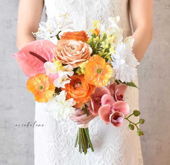 ブートニア付】テラコッタとくすみピンクのカラフルブーケ（アーティ  