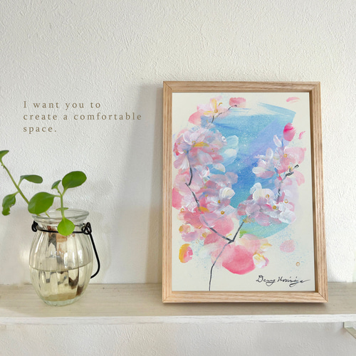 桜と風 -c 【原画/A5/アクリル画】インテリアアート 絵画 DENNY