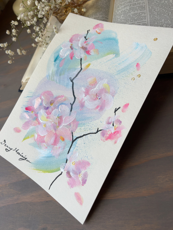 桜と風　　-d 【原画/A5/アクリル画】インテリアアート 4枚目の画像