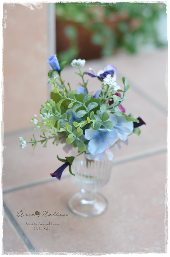 母の日ギフト【Creema限定】フェイクウォーター・パンジー、紫陽花、小花のミニブーケ　　 5枚目の画像