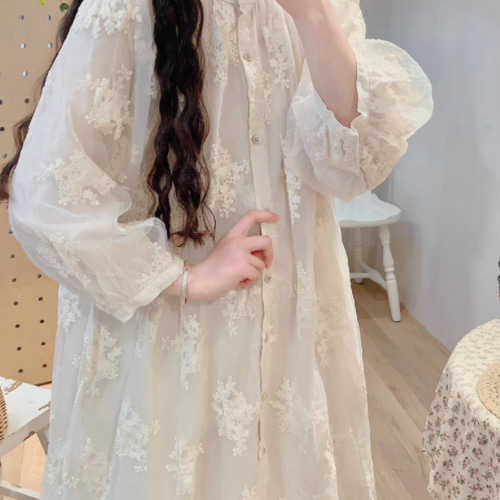 初春.綿ワンピース 優しい 高級バブルスリーブワンピース ベージュ  