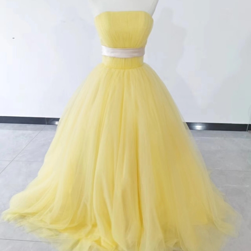 パステルイエローカラードレス ソフトチュール ベアトップ 2次会/挙式  