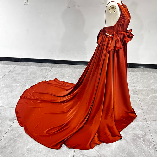 パーティードレス テラコッタ色 キャミソール Vネック 胸元フリル 快適  