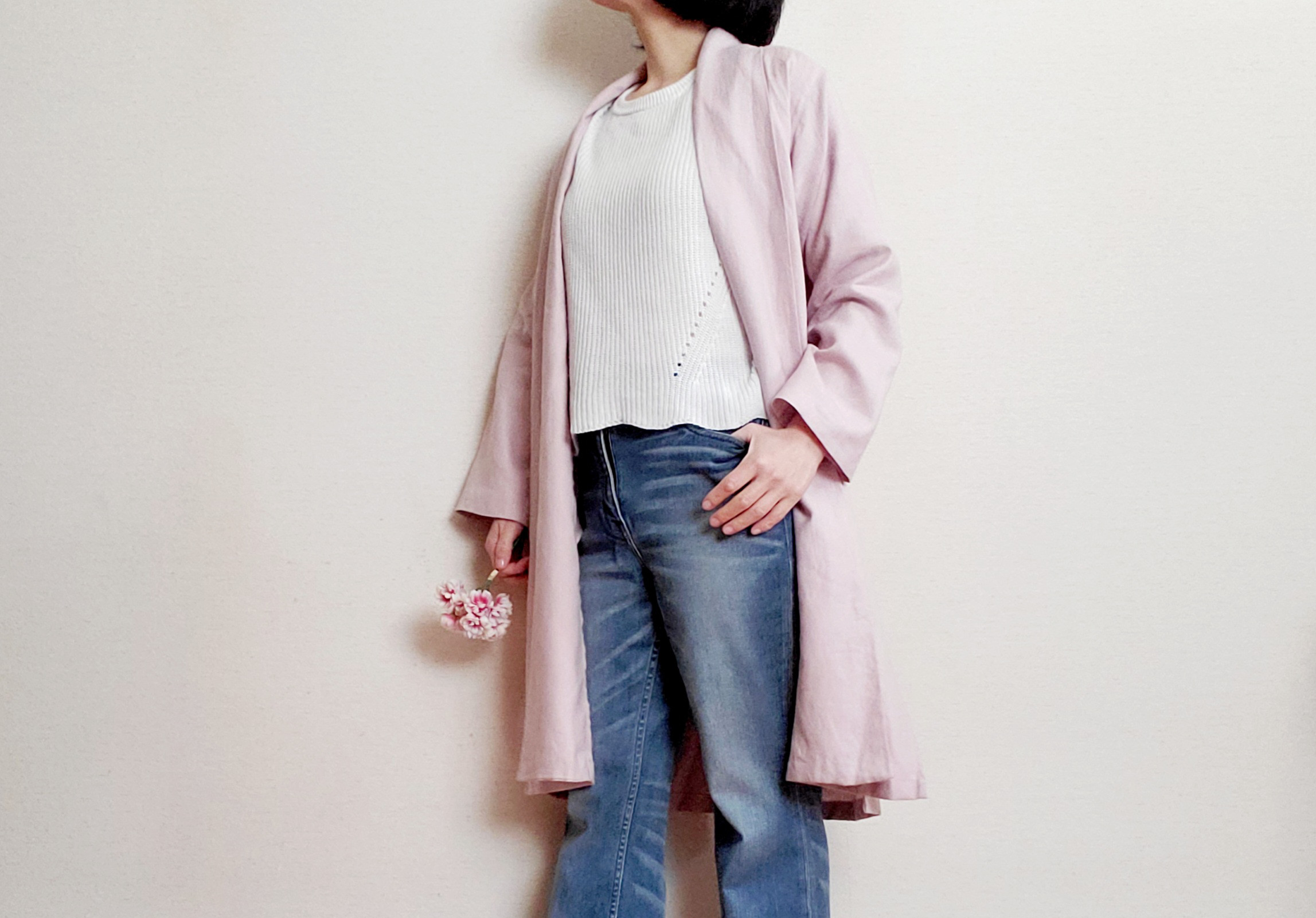 linen100%　さらりと羽織るだけでさまになるタキシードカラーのコート　薄桜