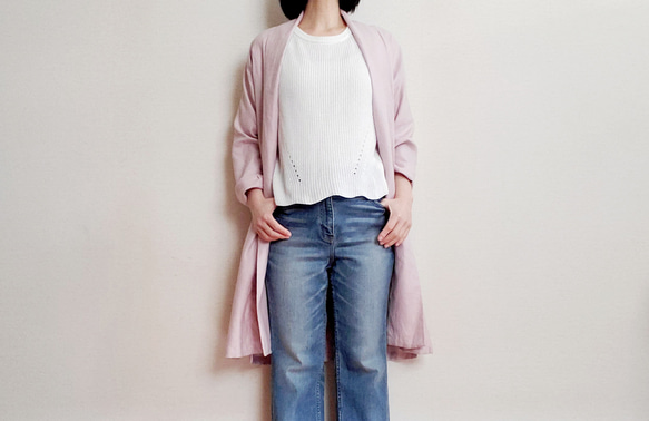 〈春新色〉 linen100%　さらりと羽織るだけでさまになるタキシードカラーのコート　薄桜 3枚目の画像