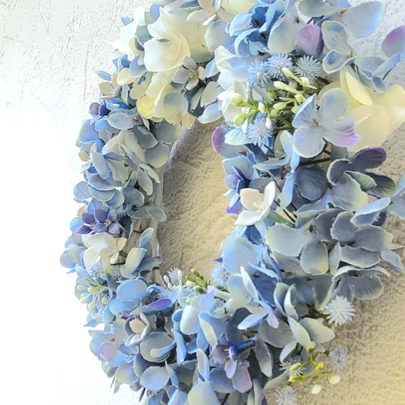 ブルーの紫陽花とブバリアのリース*約26cm*『Creema限定』『母の日』 3枚目の画像